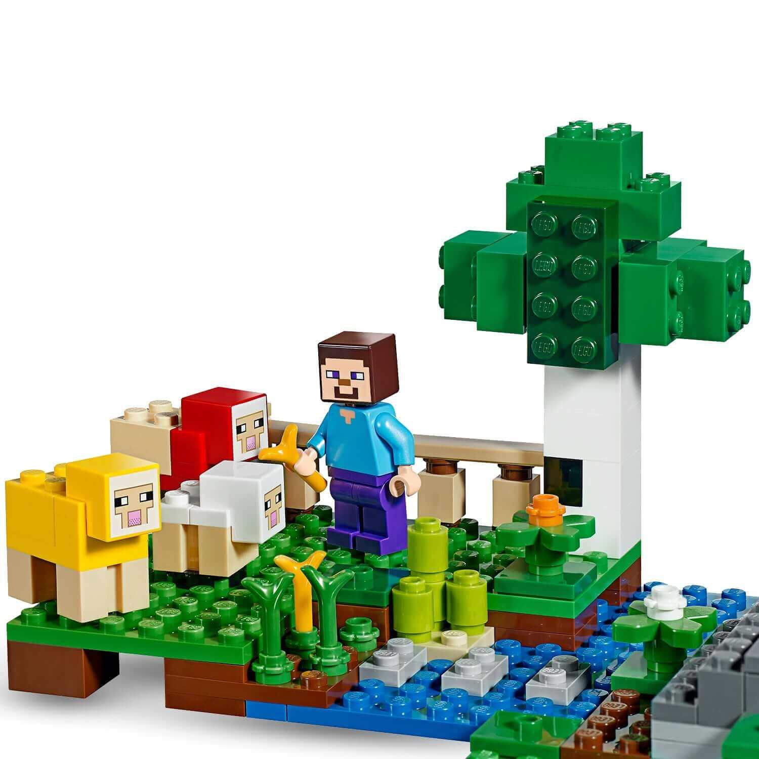 LEGO® Minecraft The Wool Farm Building Set 21153 with Steve minifigure and sheep in a colorful farm scene.