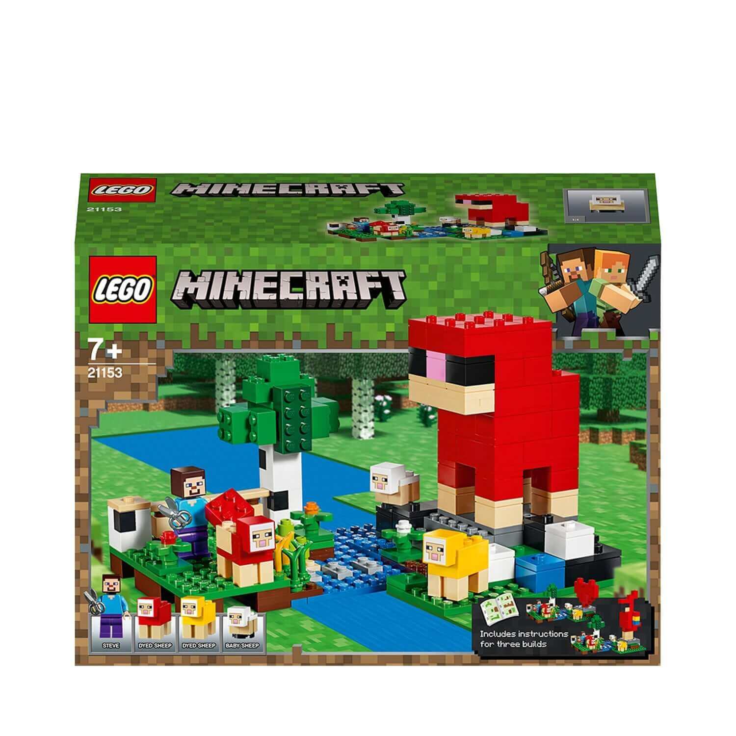 LEGO Minecraft The Wool Farm Building Set 21153 package featuring sheep, Steve minifigure, and farm structures.