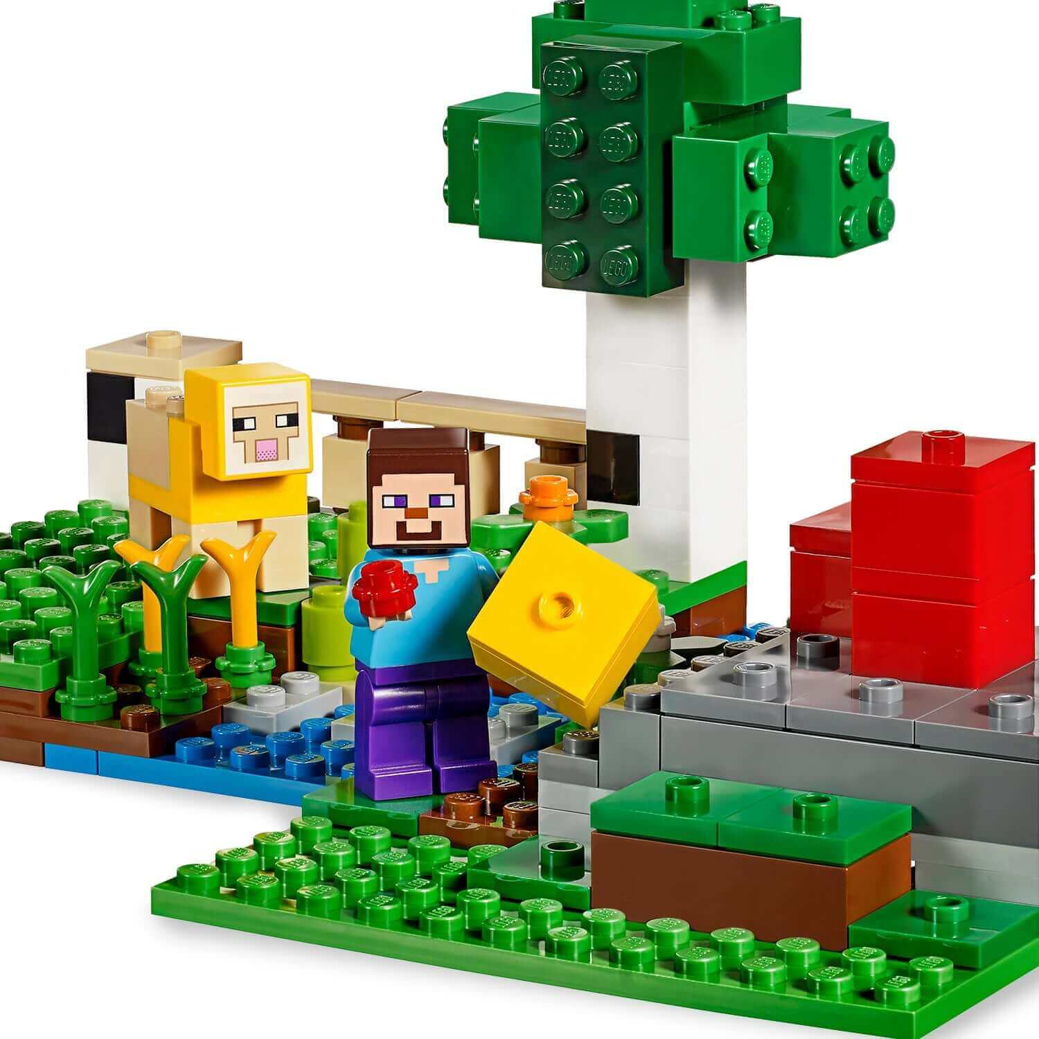 LEGO Minecraft The Wool Farm Set with Steve minifigure and sheep, ideal for creative adventures in building and caring.
