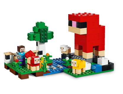 LEGO Minecraft The Wool Farm Set 21153 with Steve minifigure, sheep, and colorful farm structures.