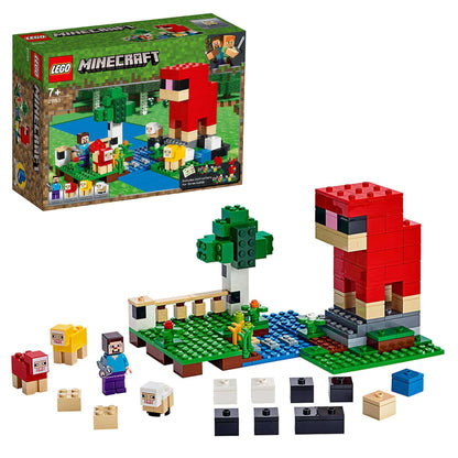 LEGO Minecraft Wool Farm Building Set 21153 with Steve minifigure, sheep, and colorful blocks for creative play.