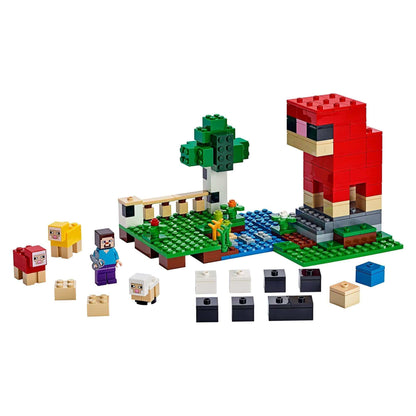 LEGO® Minecraft The Wool Farm Building Set 21153 featuring Steve, sheep, and a vibrant farm scene with building blocks.