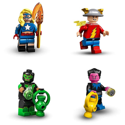 Four LEGO DC Super Heroes minifigures including Supergirl, The Flash, Green Lantern, and Sinestro.