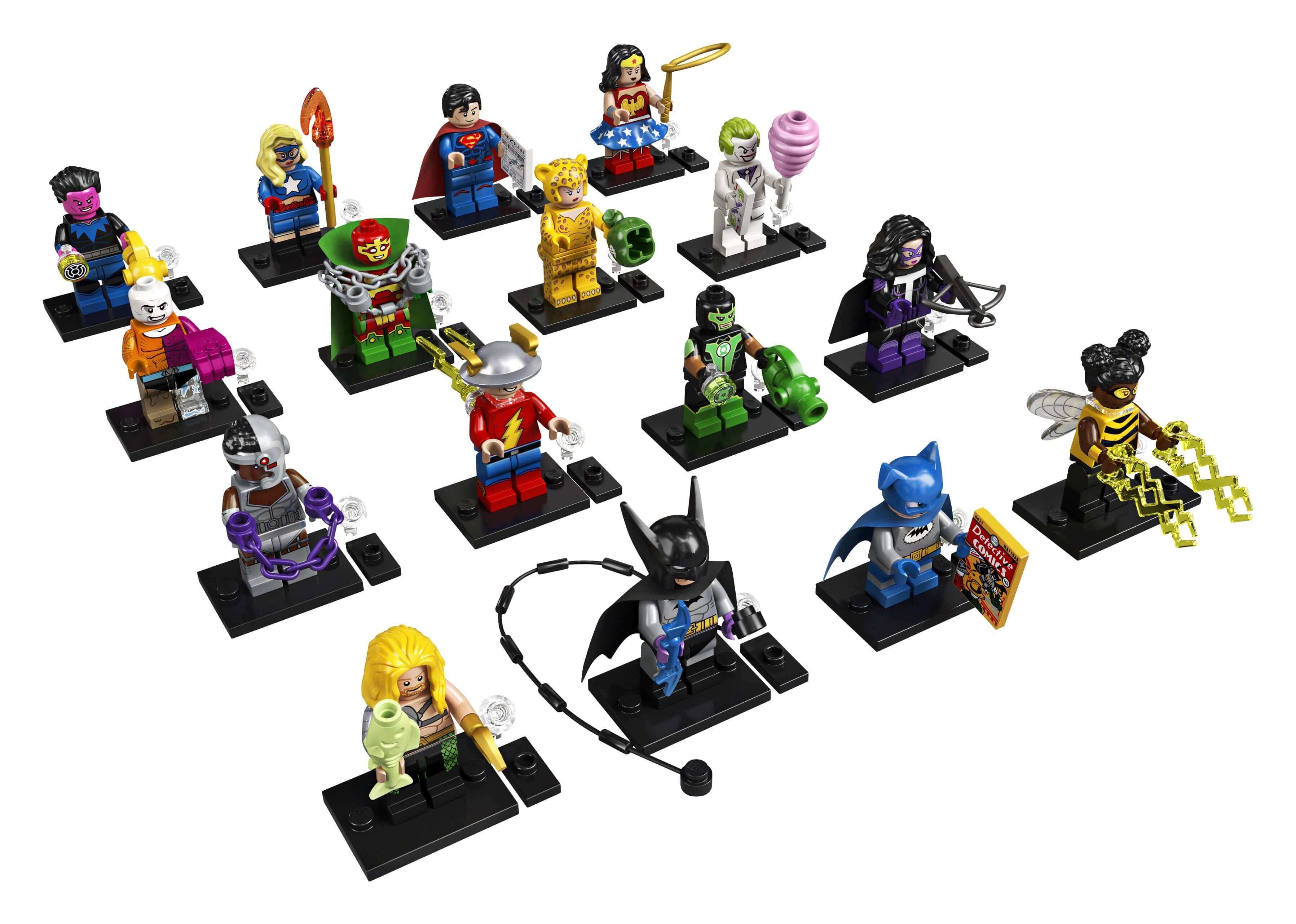 LEGO® Minifigures DC Super Heroes Series 71026 featuring iconic characters in vibrant poses, perfect for collectors.
