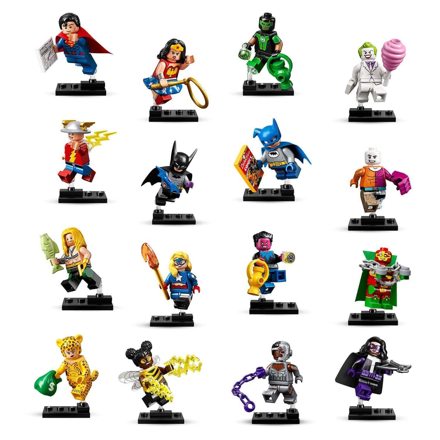 LEGO DC Super Heroes Series 71026 minifigures collection featuring iconic characters like Superman, Wonder Woman, and Batman.