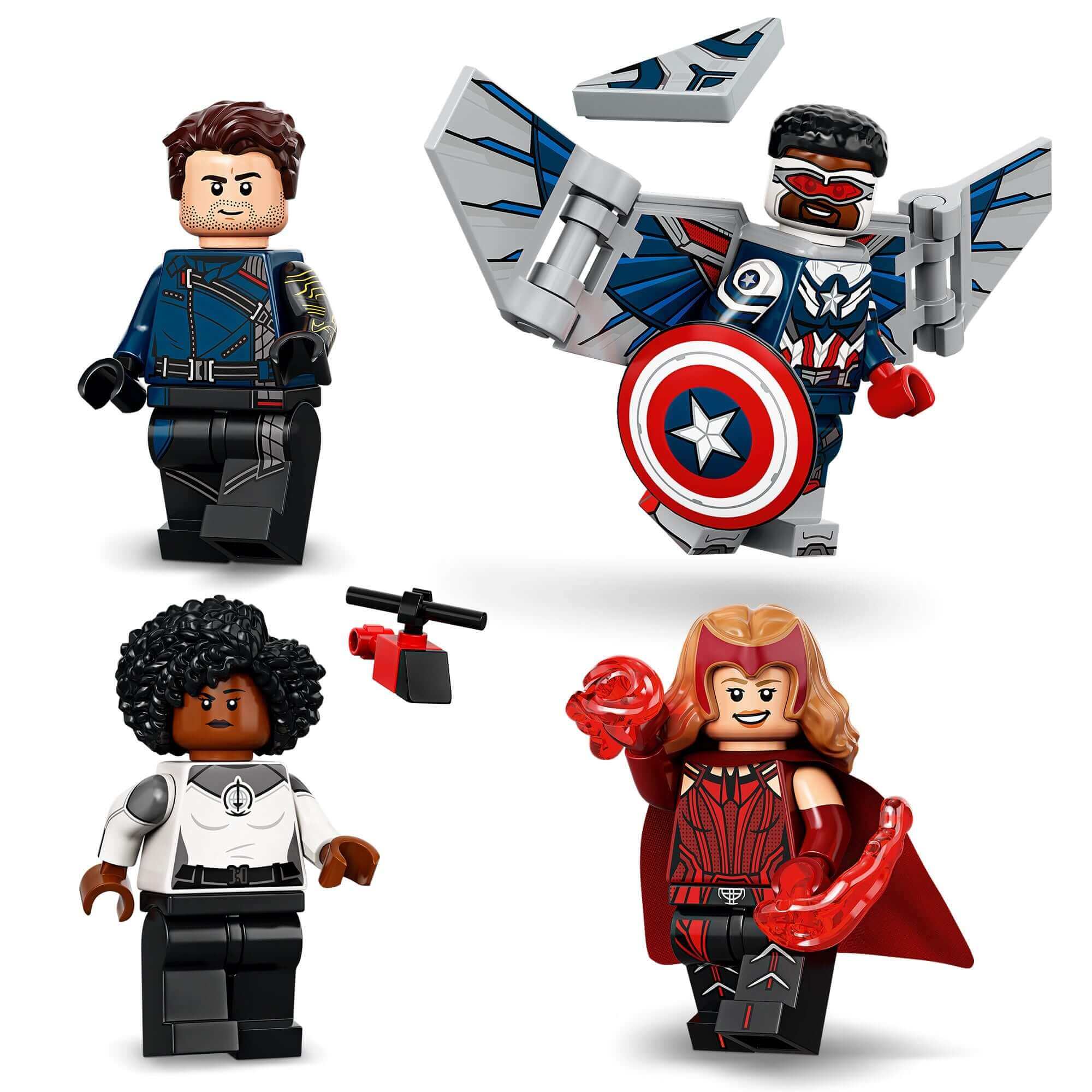 LEGO® Minifigures Marvel Studios set featuring Falcon, Scarlet Witch, and others with accessories.