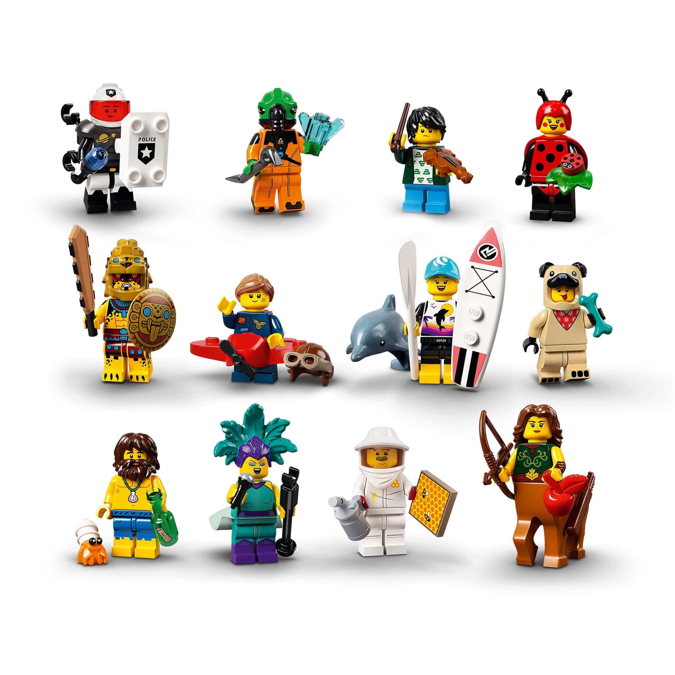 Various LEGO® Minifigures from Series 21 Set 71029, featuring unique characters and accessories.