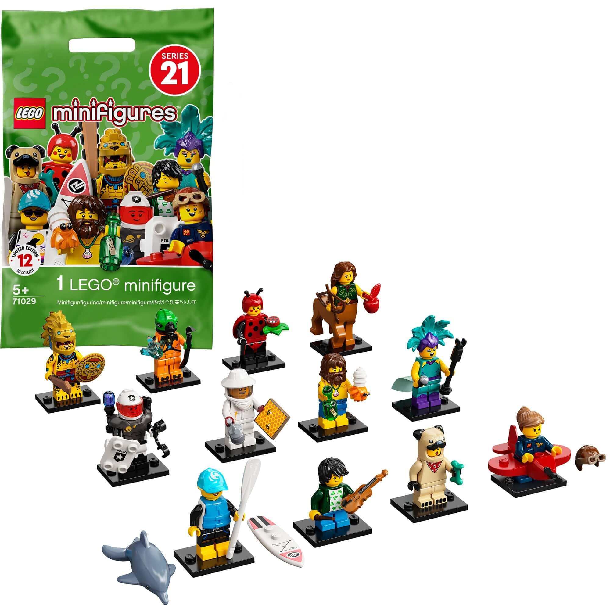 LEGO® Minifigures Series 21 Set 71029 showcasing 12 unique characters and accessories in collectible packaging.