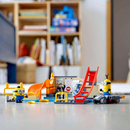 LEGO® 4+ Minions in Gru’s Lab Building Set 75546 with Kevin and Otto figures, slide, and lab accessories.