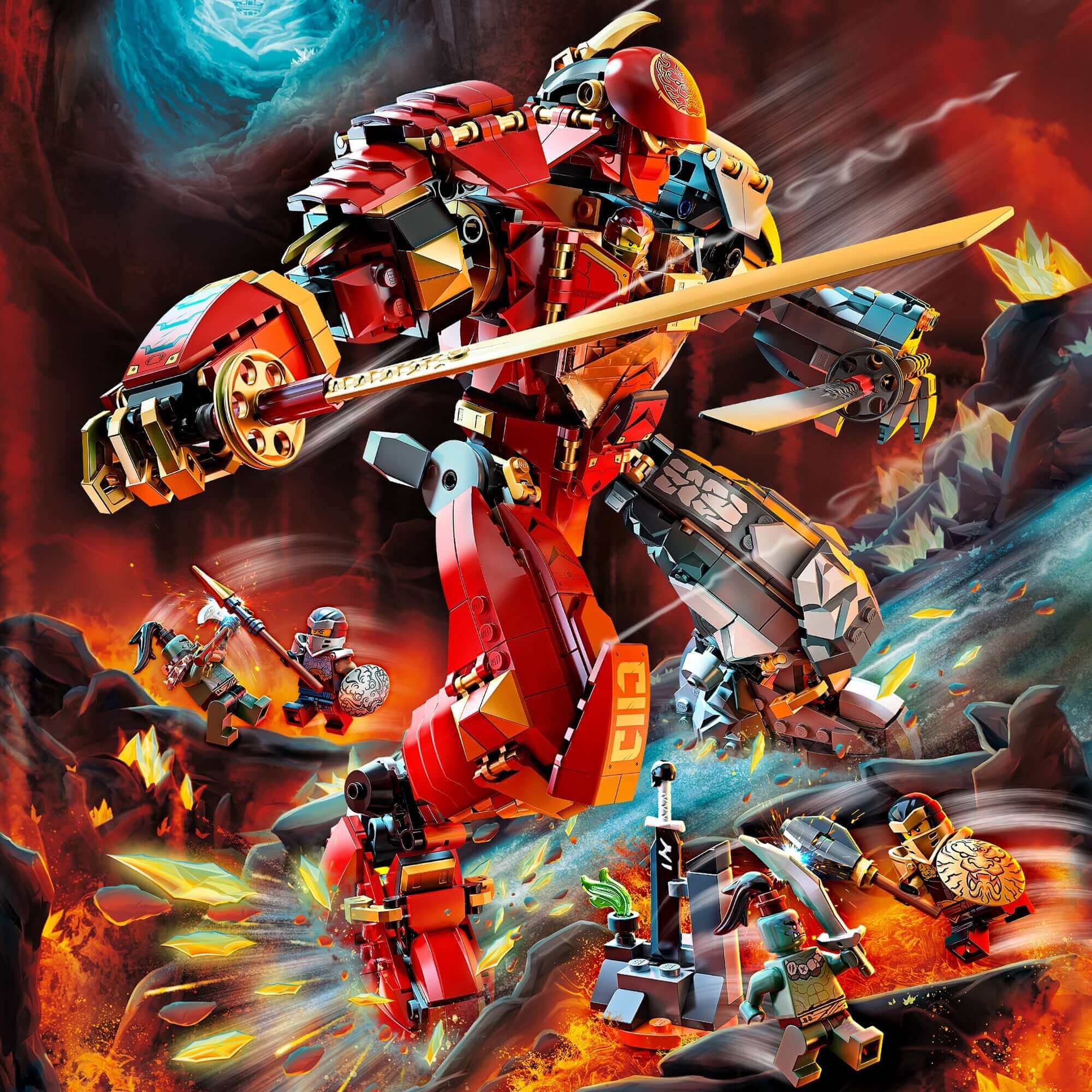 LEGO NINJAGO Fire Stone Ninja Mech 71720 battles enemies in the Dungeons of Shintaro, showcasing epic ninja action.