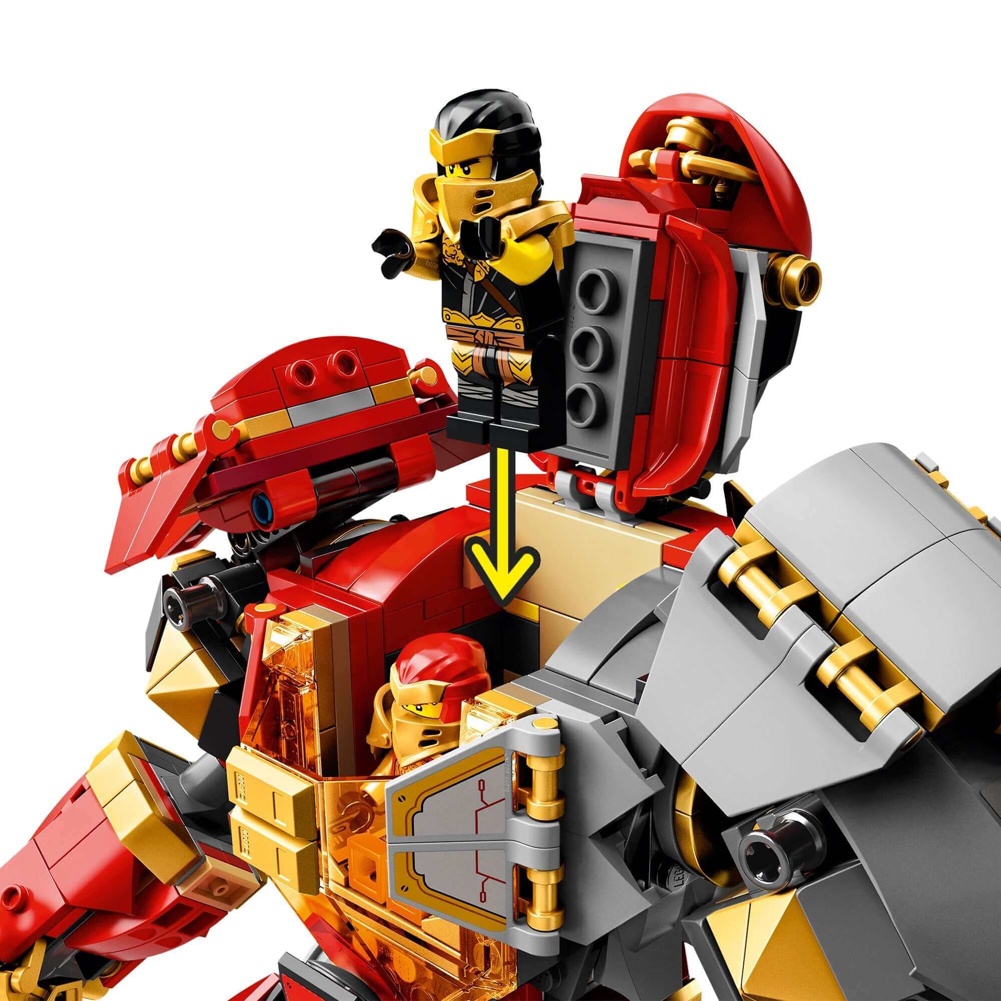 LEGO NINJAGO Fire Stone Ninja Mech Toy 71720 with ninjas ready for battle in the Dungeons of Shintaro.