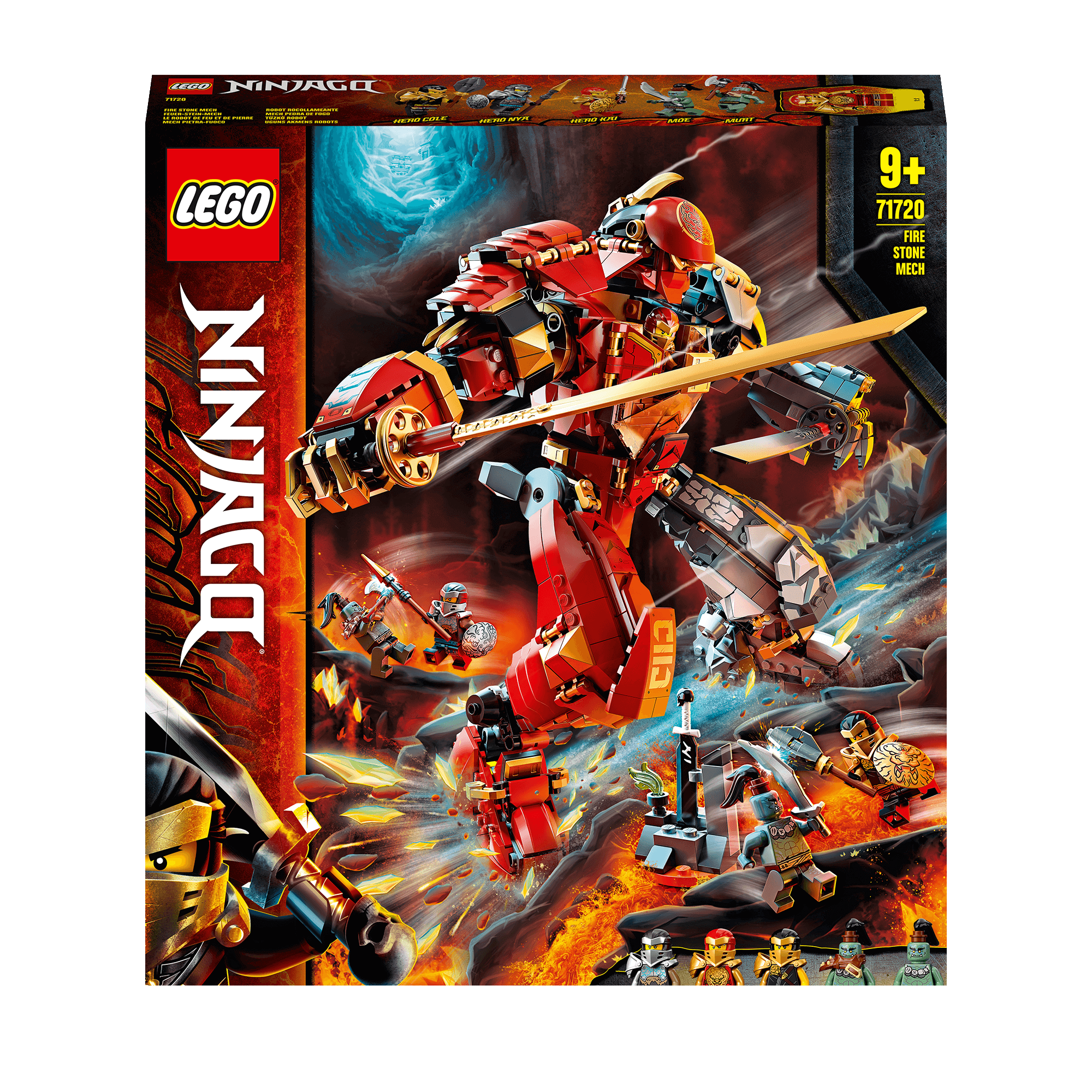 LEGO NINJAGO Fire Stone Ninja Mech 71720 box featuring ninjas battling in the Dungeons of Shintaro.