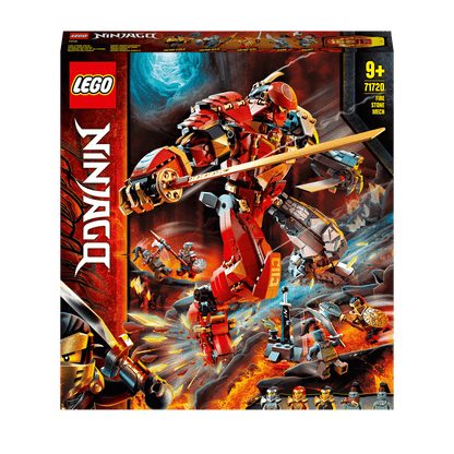 LEGO NINJAGO Fire Stone Ninja Mech 71720 box featuring ninjas battling in the Dungeons of Shintaro.