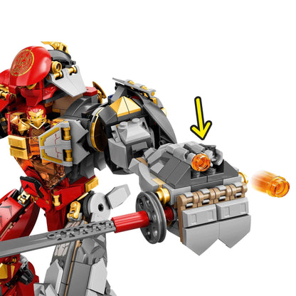 Close-up of LEGO® NINJAGO Fire Stone Ninja Mech's firing mechanism, showcasing intricate details and action features.