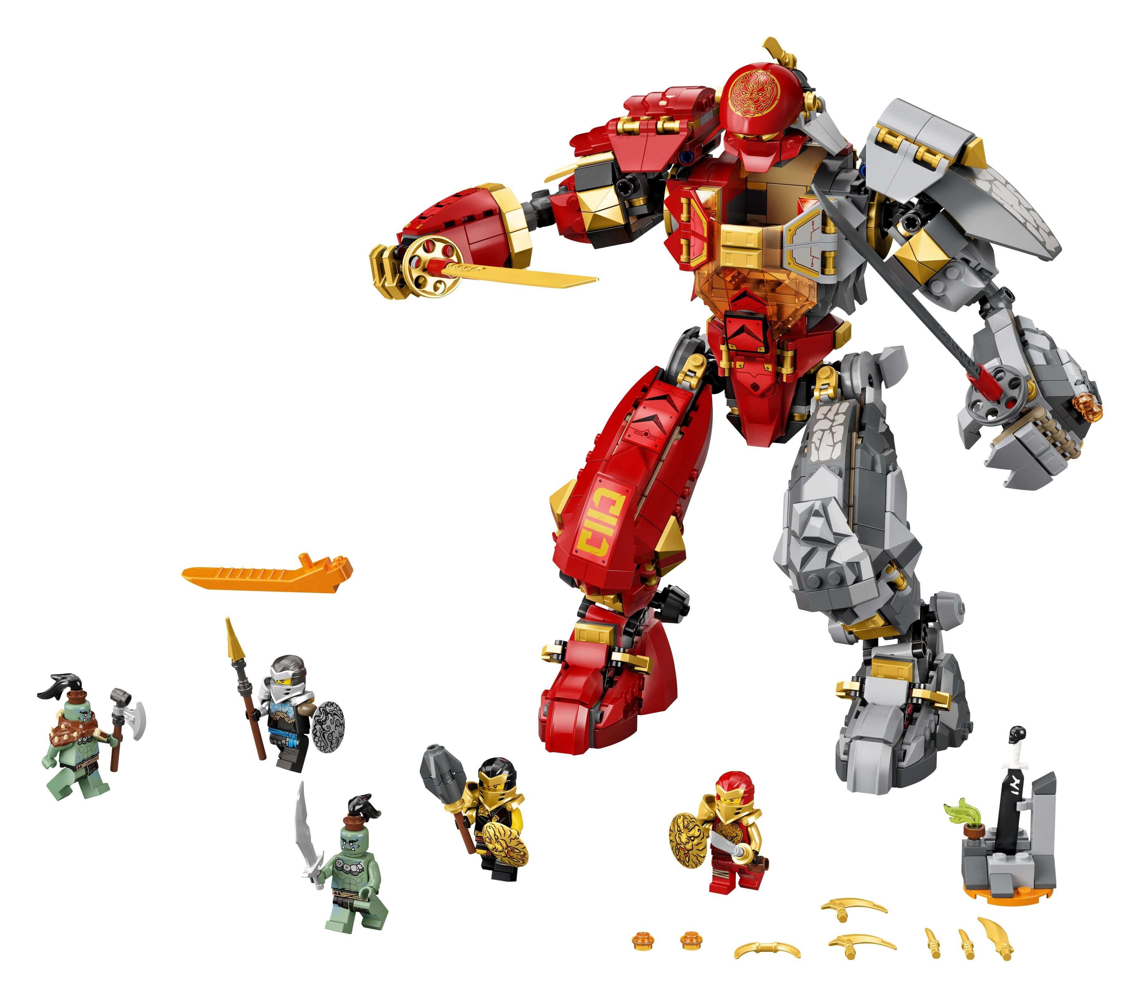 LEGO NINJAGO Fire Stone Ninja Mech Toy 71720 with ninjas in a battle scene featuring swords and shields.