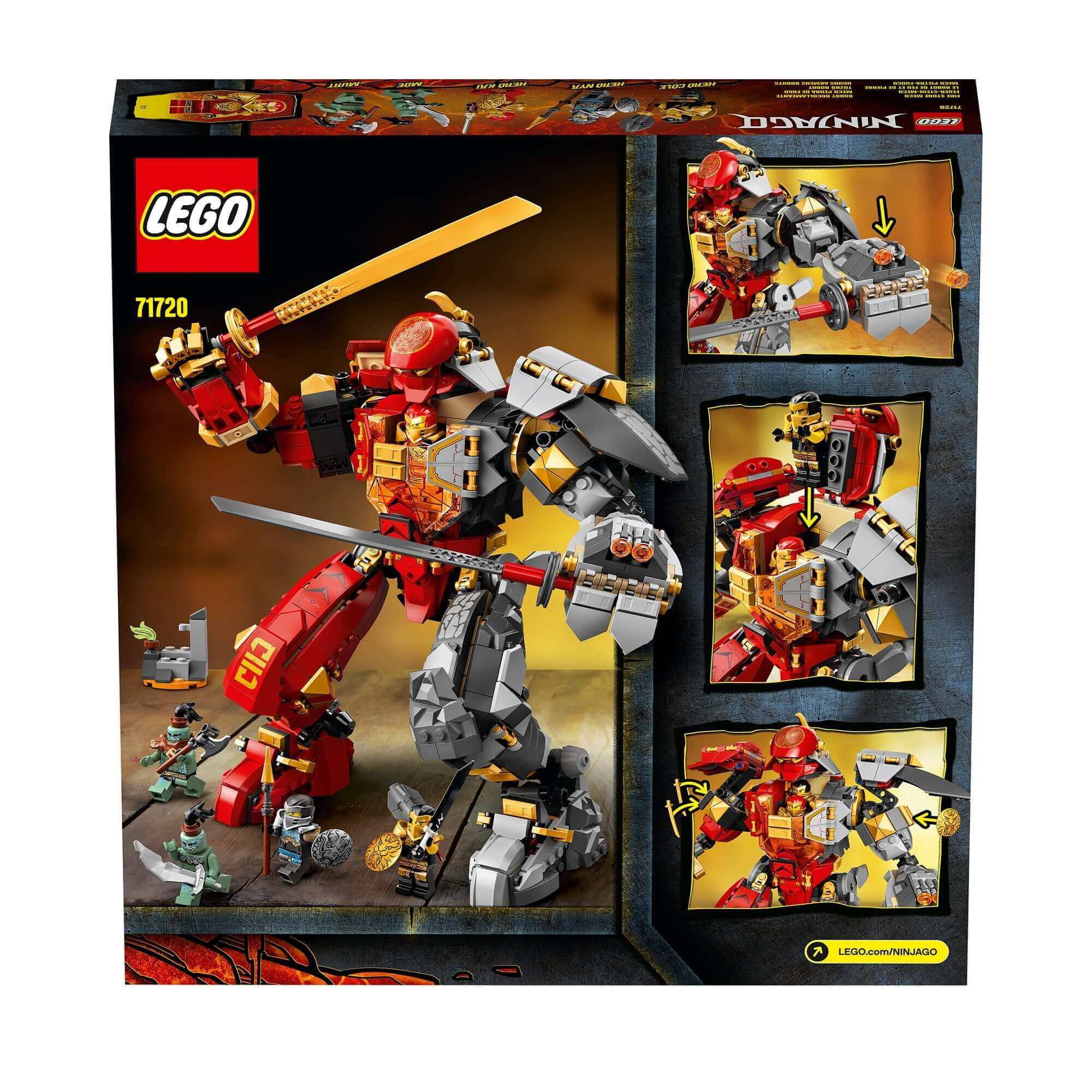 LEGO NINJAGO Fire Stone Ninja Mech Toy 71720 with ninjas battling enemies in Shintaro Dungeons, featuring action and adventure.