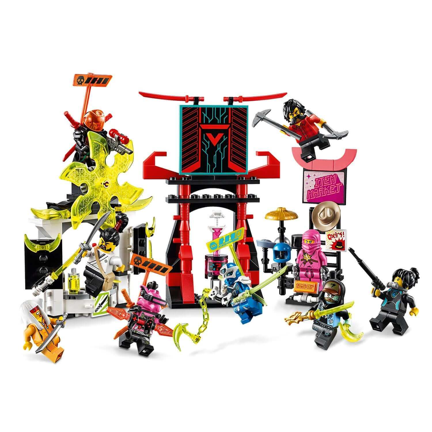 LEGO NINJAGO Gamer's Market Minifigures Set 71708 featuring 9 minifigures and a colorful market for Prime Empire scenes.