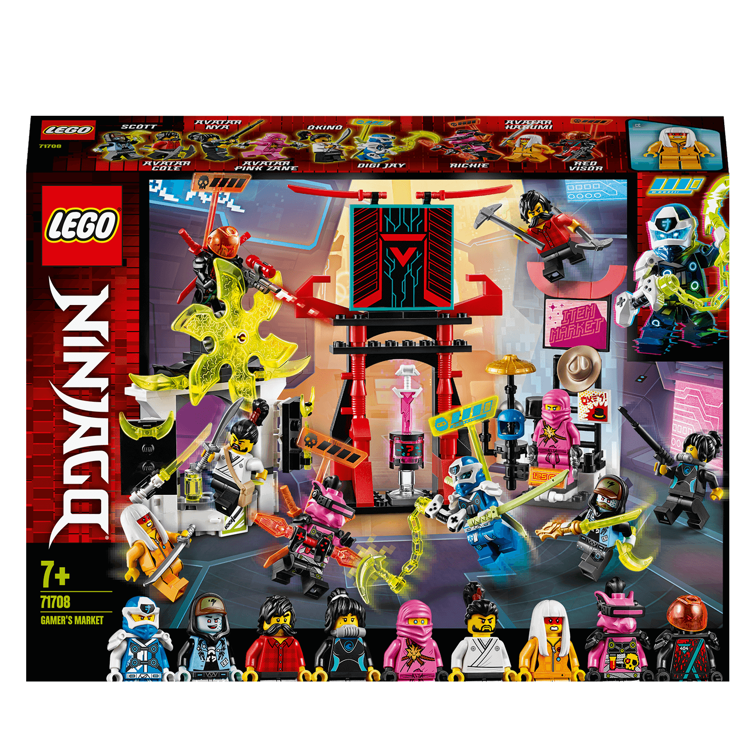 LEGO NINJAGO Gamer's Market Minifigures Set 71708 featuring 9 collectible figures and a vibrant toy market.