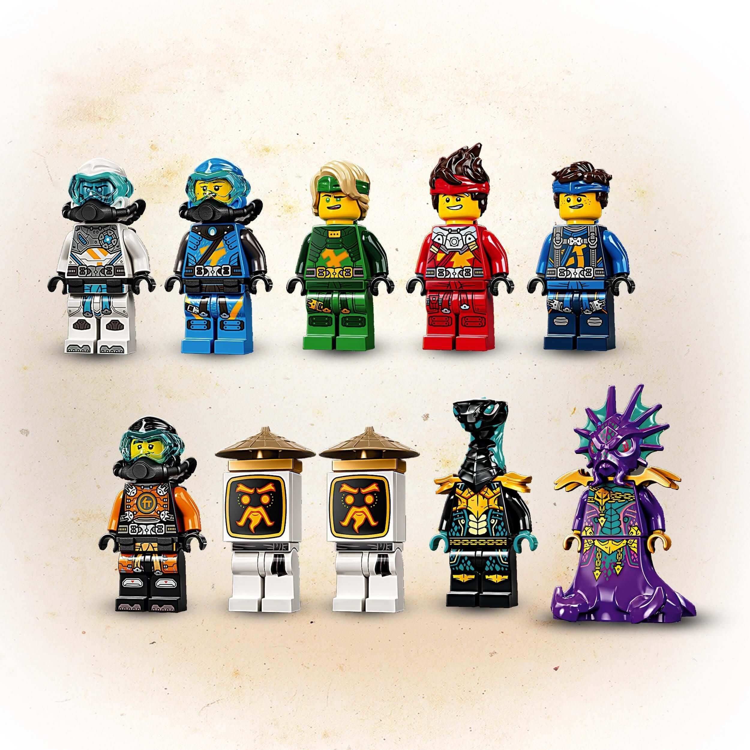 LEGO NINJAGO Hydro Bounty Set 71756 minifigures, featuring 10 colorful characters for underwater adventures.