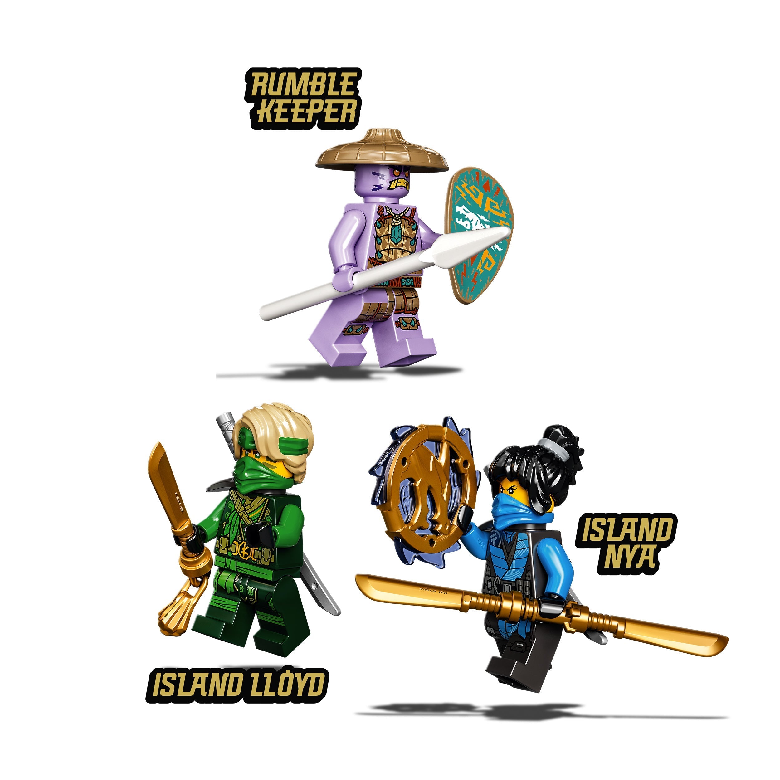 LEGO NINJAGO minifigures featuring Rumble Keeper, Island Lloyd, and Island Nya with accessories.