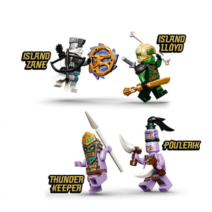 LEGO® NINJAGO Jungle Dragon Toy Set 71746 featuring minifigures: Island Zane, Island Lloyd, Thunder Keeper, and Poulerik.