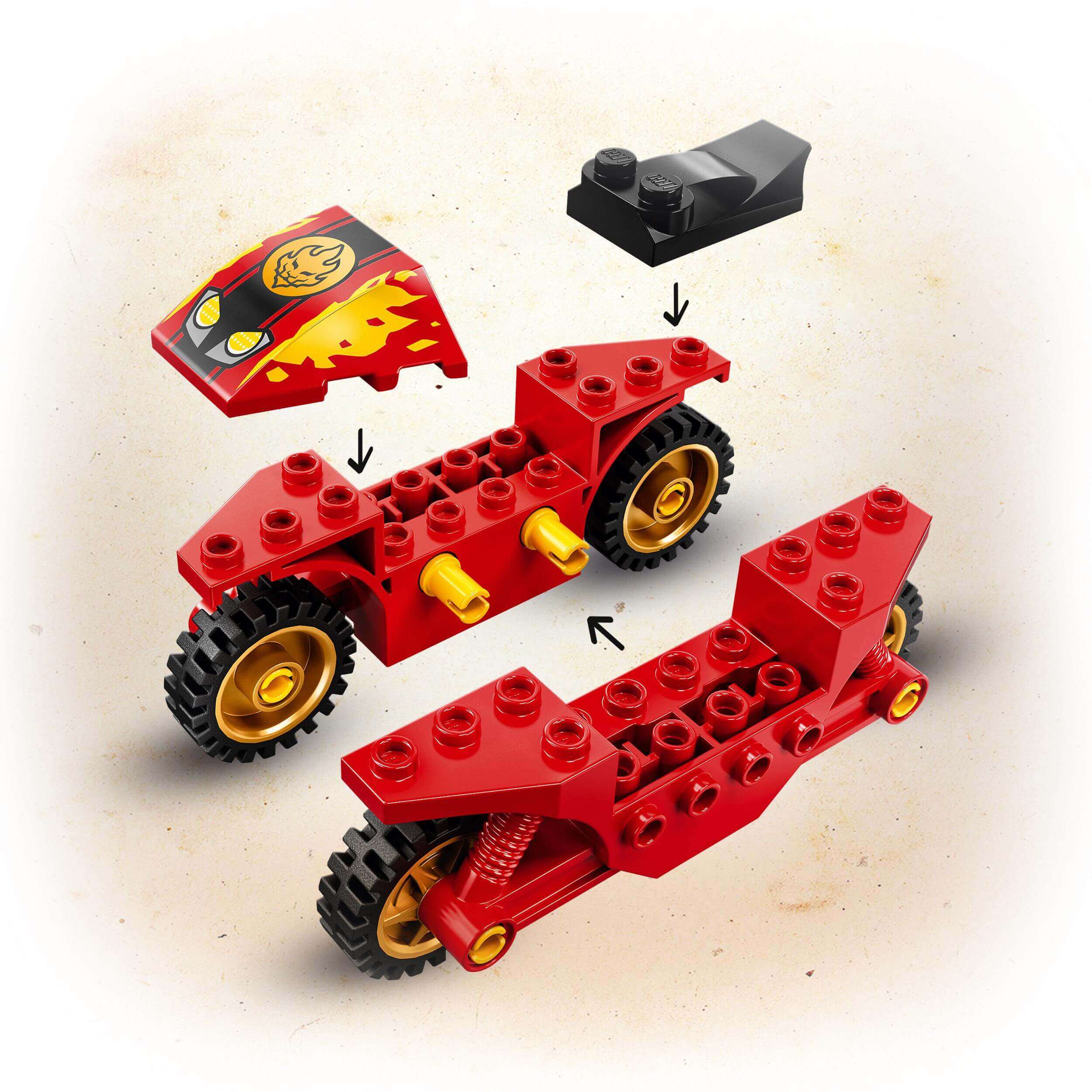 LEGO NINJAGO Legacy Kai's Blade Cycle Set 71734 showing bike parts including red body, wheels, and flames design.