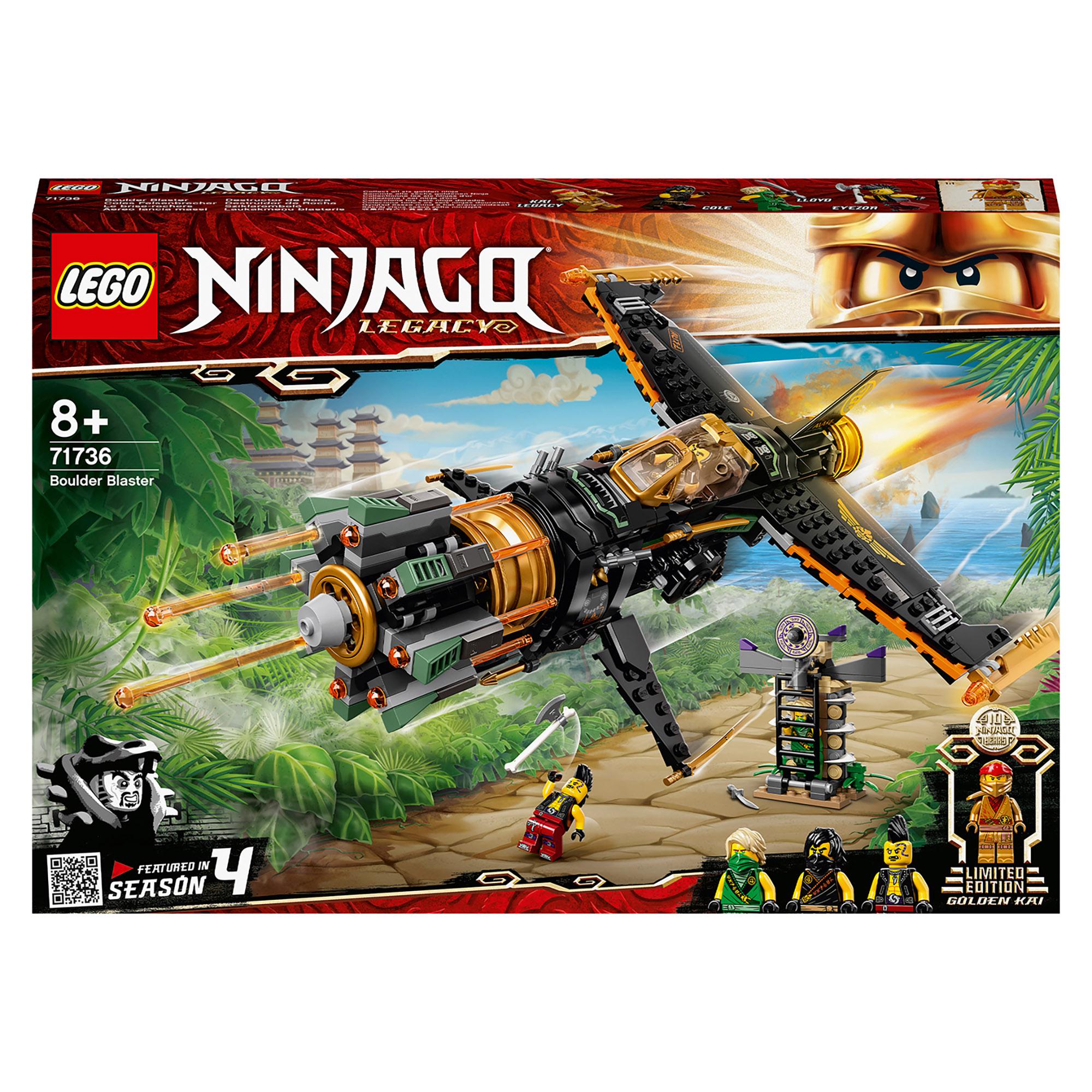 LEGO NINJAGO Legacy Boulder Blaster Set 71736, featuring a shooting aeroplane and ninja toys for imaginative play.