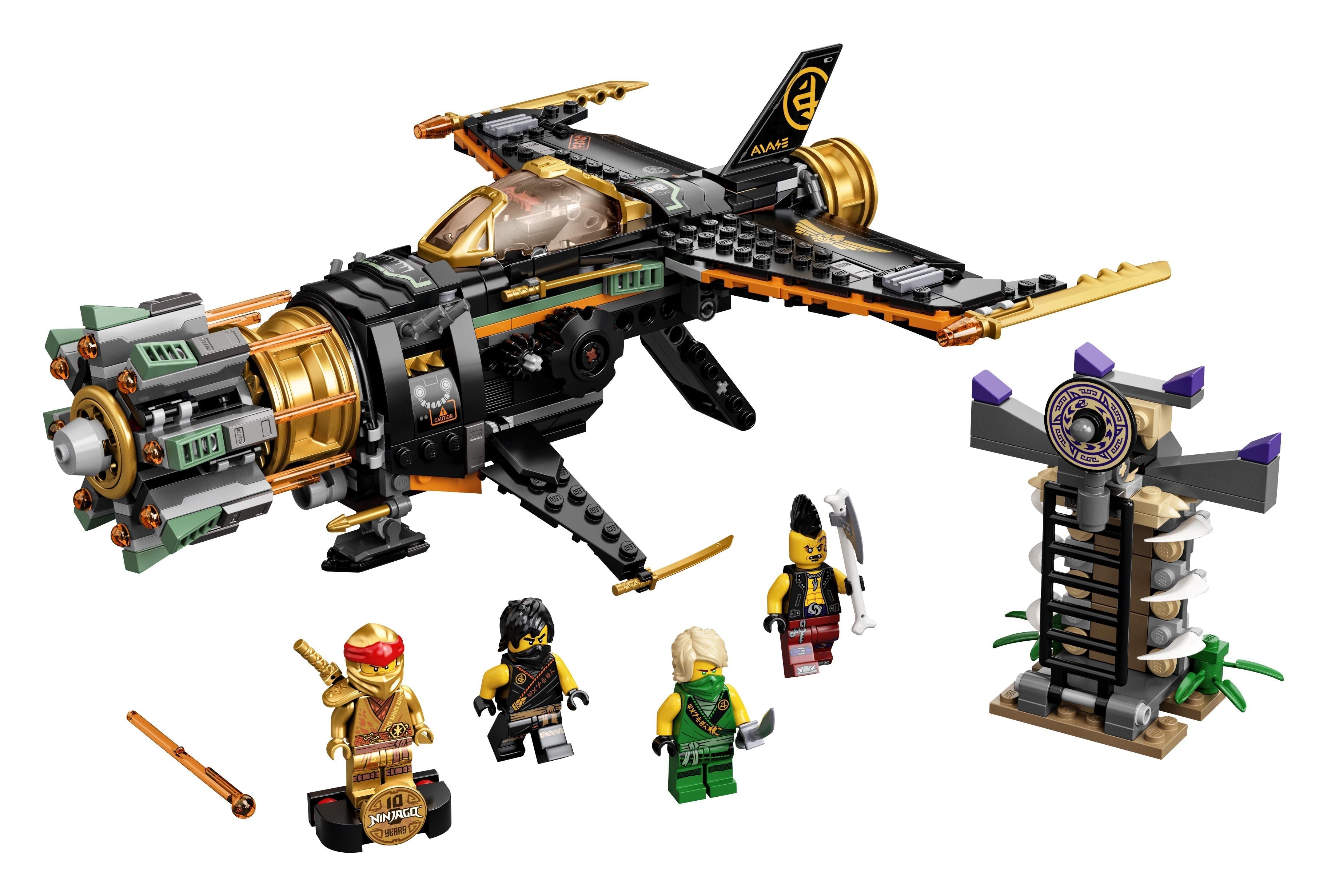 LEGO NINJAGO Legacy Boulder Blaster Set 71736 featuring a shooting airplane, ninja minifigures, and a prison toy.