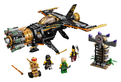 LEGO NINJAGO Legacy Boulder Blaster Set 71736 featuring a shooting airplane, ninja minifigures, and a prison toy.