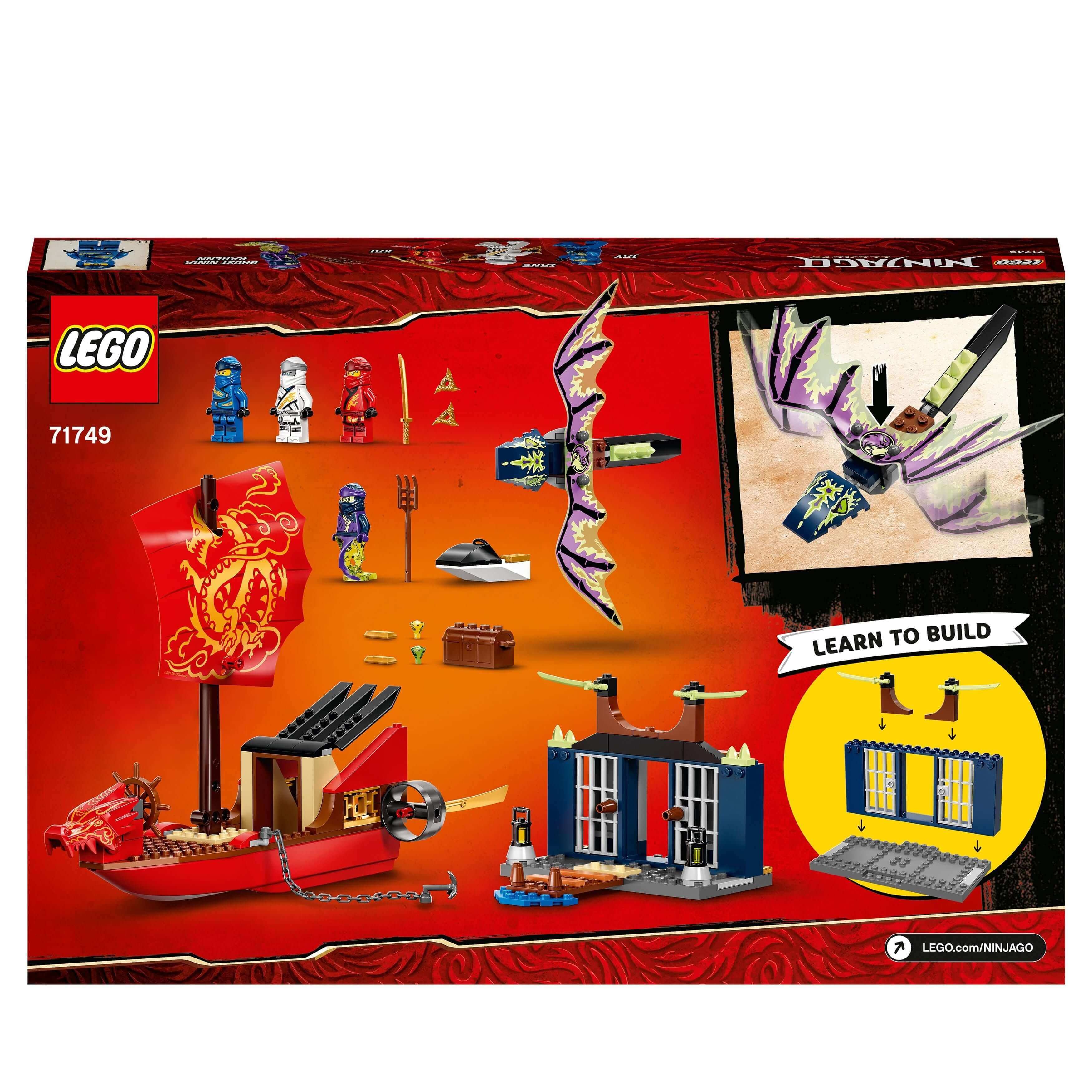 LEGO NINJAGO Legacy Destiny's Bounty Ship Set 71749 with minifigures, dragon, and play features for creative building.