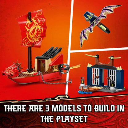 LEGO® NINJAGO Destiny’s Bounty set features 3 buildable models, including a ship, dragon, and prison.