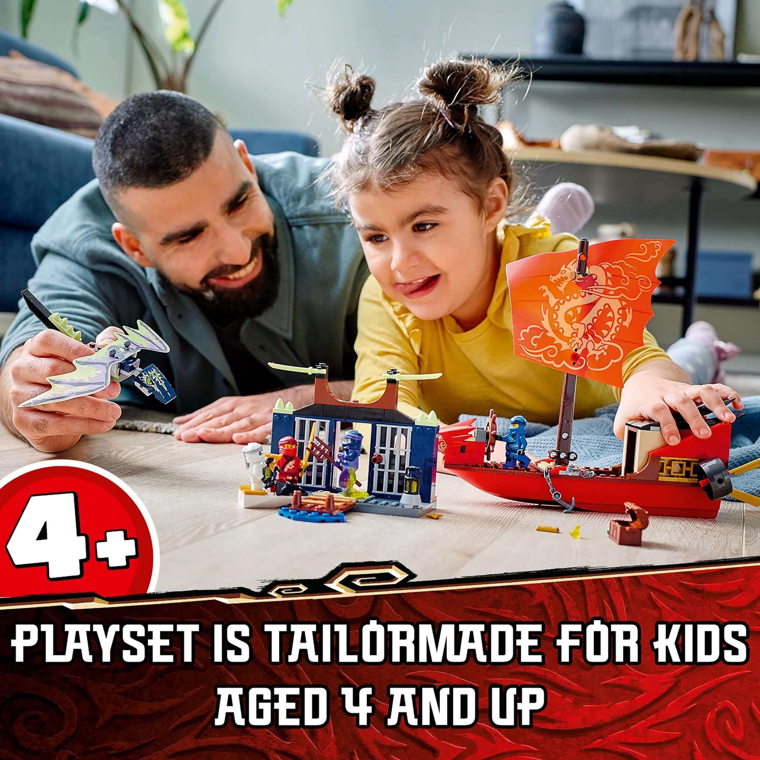 Father and daughter building the LEGO NINJAGO Destiny's Bounty ship playset, designed for kids aged 4 and up.