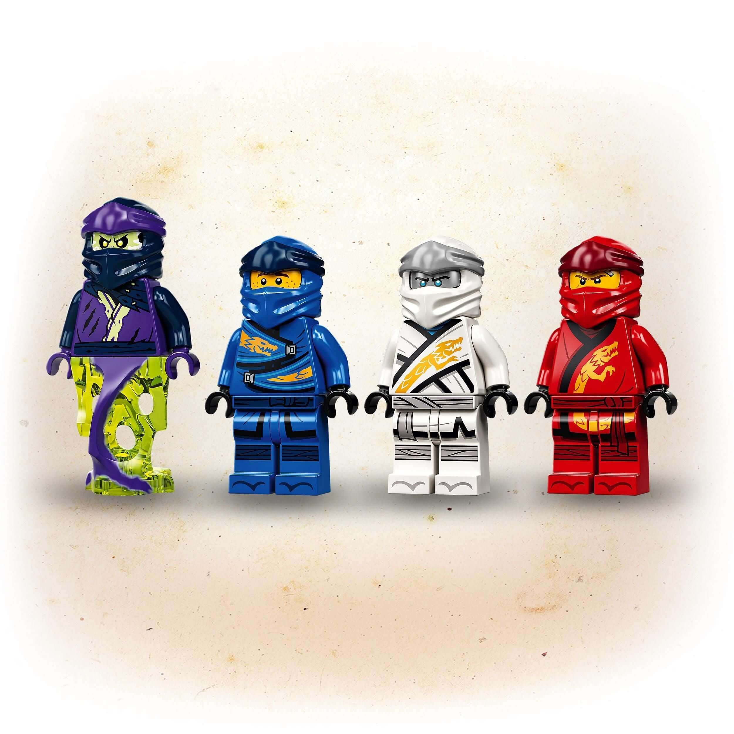 Four LEGO® NINJAGO minifigures in colorful ninja costumes, ideal for kids' imaginative play and building adventures.