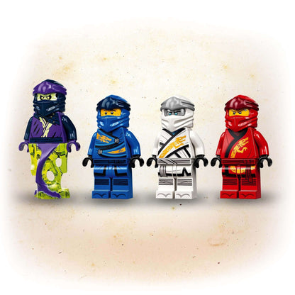 Four LEGO® NINJAGO minifigures in colorful ninja costumes, ideal for kids' imaginative play and building adventures.