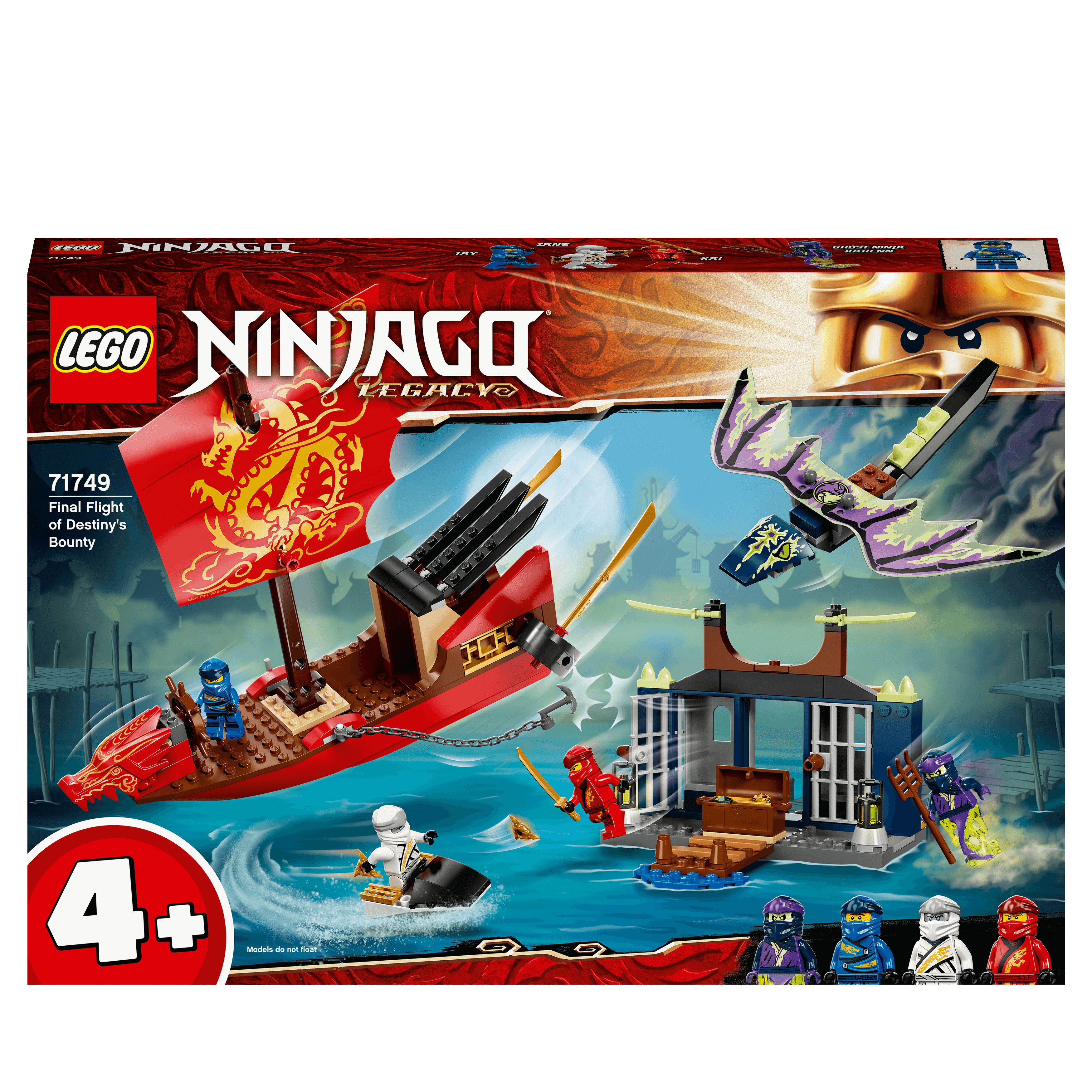 LEGO NINJAGO Legacy Destiny’s Bounty Ship Set 71749 with minifigures, jet ski, and prison island.