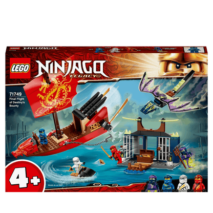 LEGO NINJAGO Legacy Destiny’s Bounty Ship Set 71749 with minifigures, jet ski, and prison island.