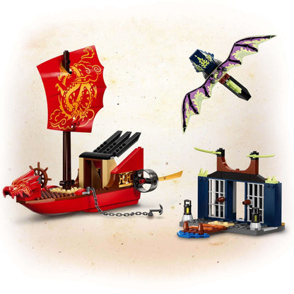 LEGO® NINJAGO Destiny’s Bounty Ship Set 71749 with dragon, jet ski, island prison, and minifigures for kids.