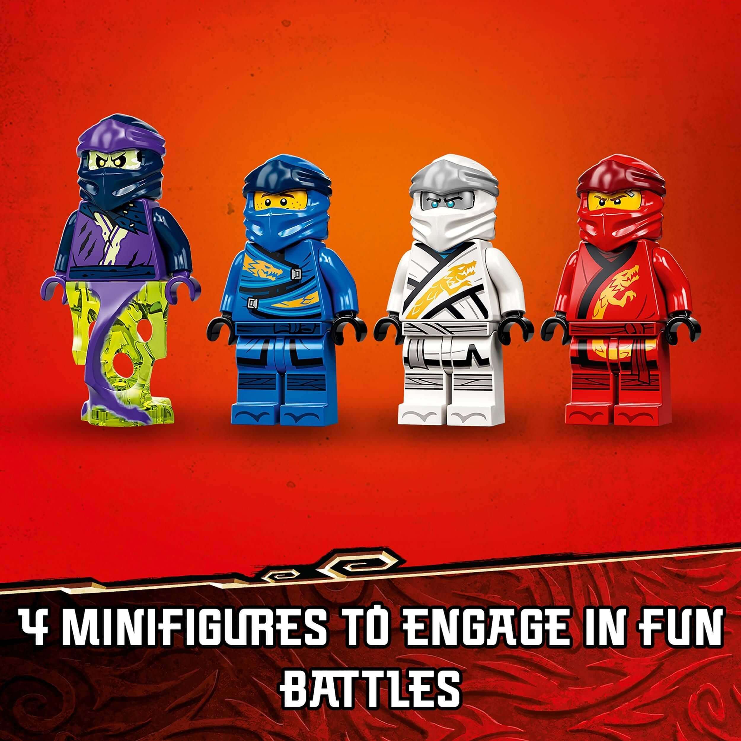 Four LEGO® NINJAGO minifigures in colorful outfits for playful battles and imaginative adventures.