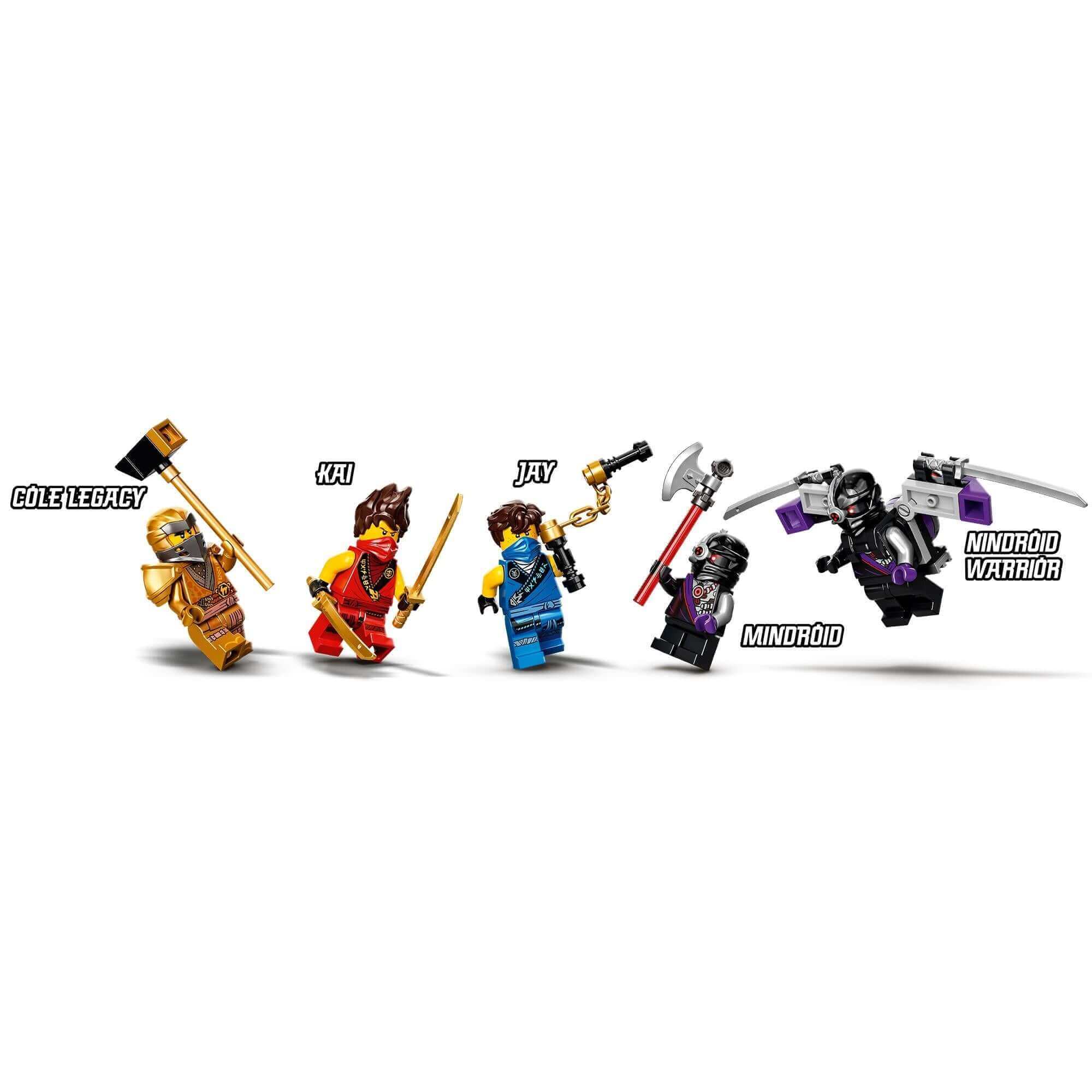 LEGO NINJAGO Legacy minifigures: Cole, Kai, Jay, Min-Droid, and Min-Droid Warrior for imaginative ninja adventures.