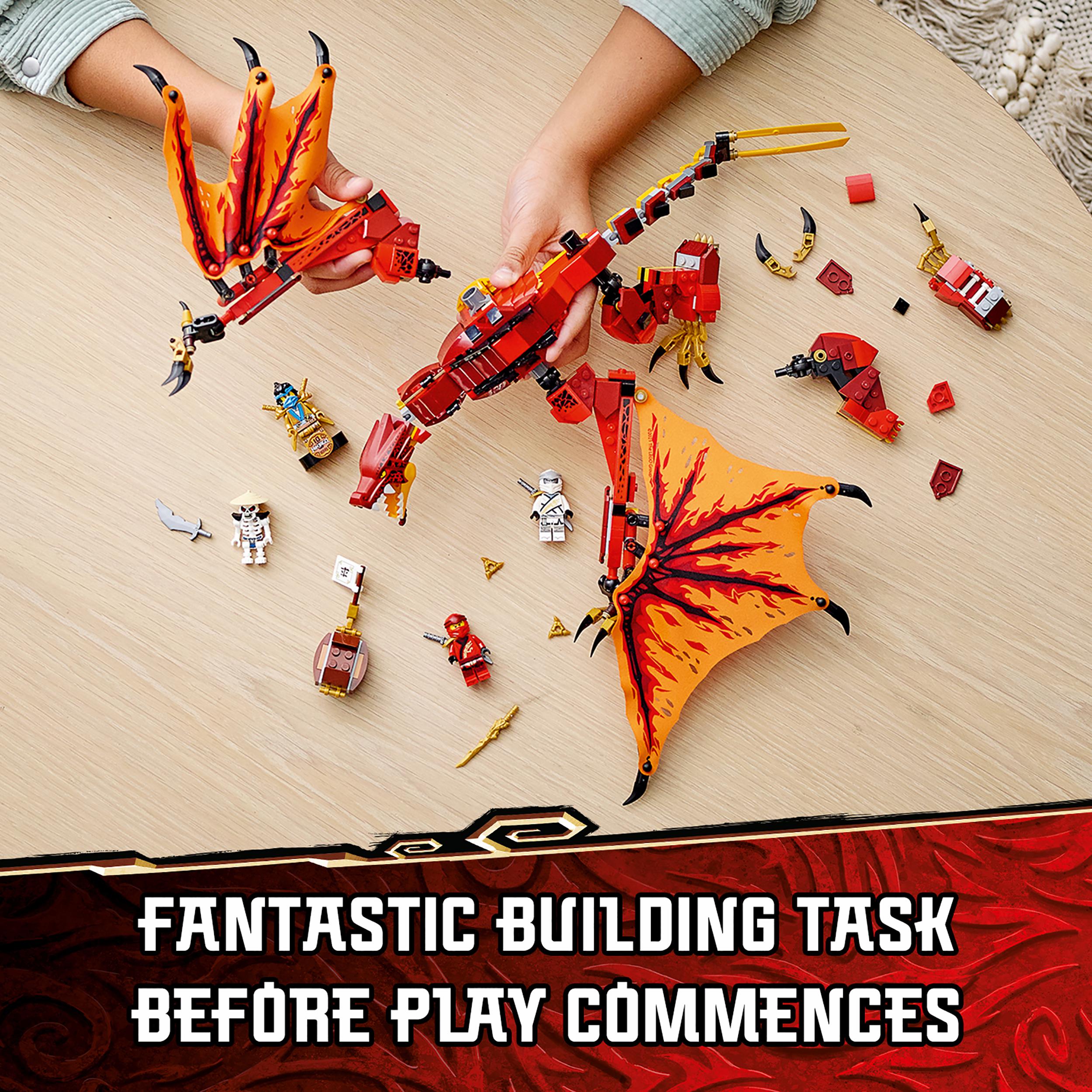 Child assembling LEGO NINJAGO Fire Dragon Attack set 71753 with colorful dragon parts and minifigures on a table