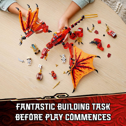Child assembling LEGO NINJAGO Fire Dragon Attack set 71753 with colorful dragon parts and minifigures on a table