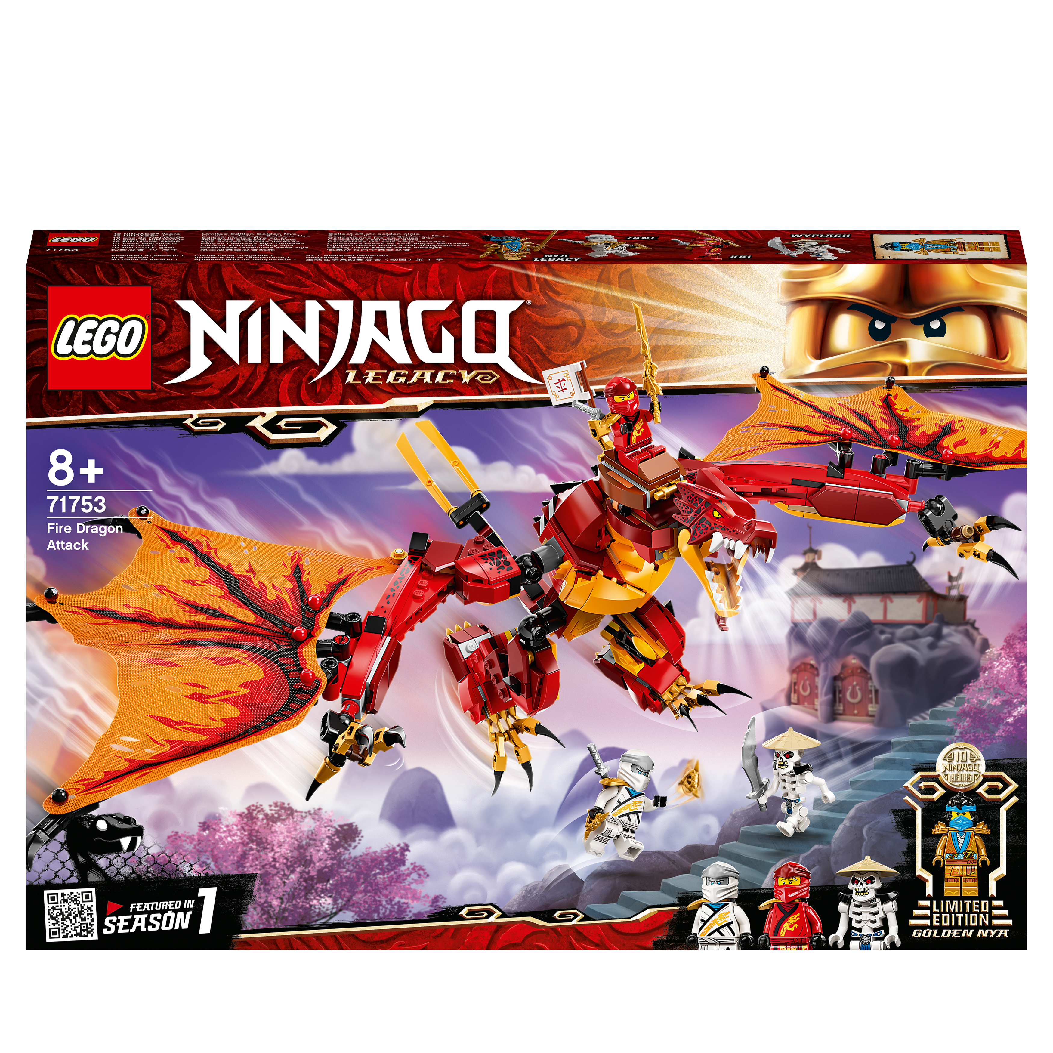 LEGO NINJAGO Legacy Fire Dragon Attack 71753 toy with posable dragon and mini-figures for imaginative play.