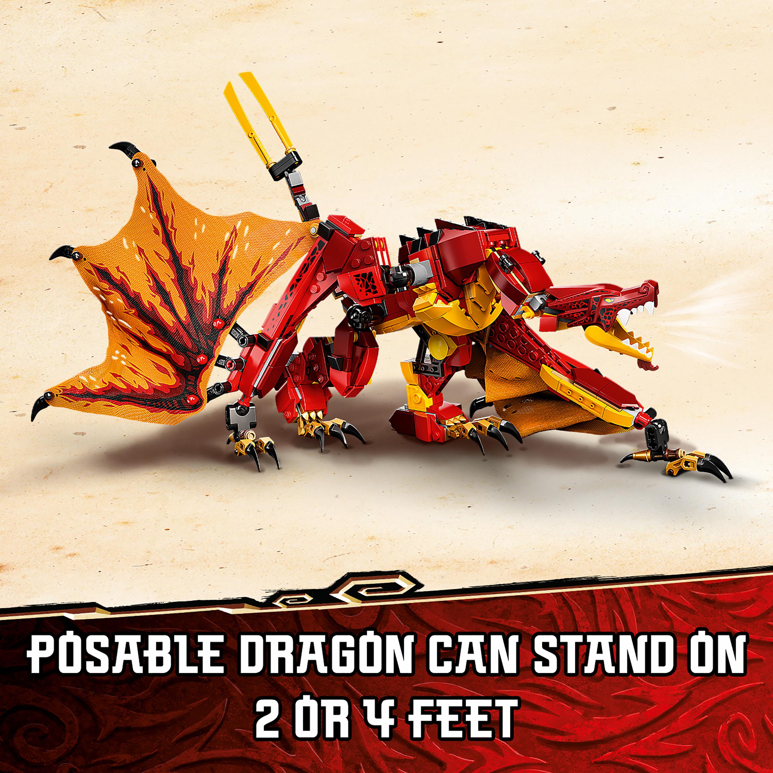 LEGO NINJAGO Legacy Fire Dragon Attack 71753, posable red dragon toy, can stand on 2 or 4 feet for creative play.