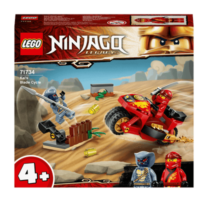 LEGO NINJAGO Legacy Kai's Blade Cycle Set 71734, featuring a motorcycle toy, catapult, and two minifigures for kids.