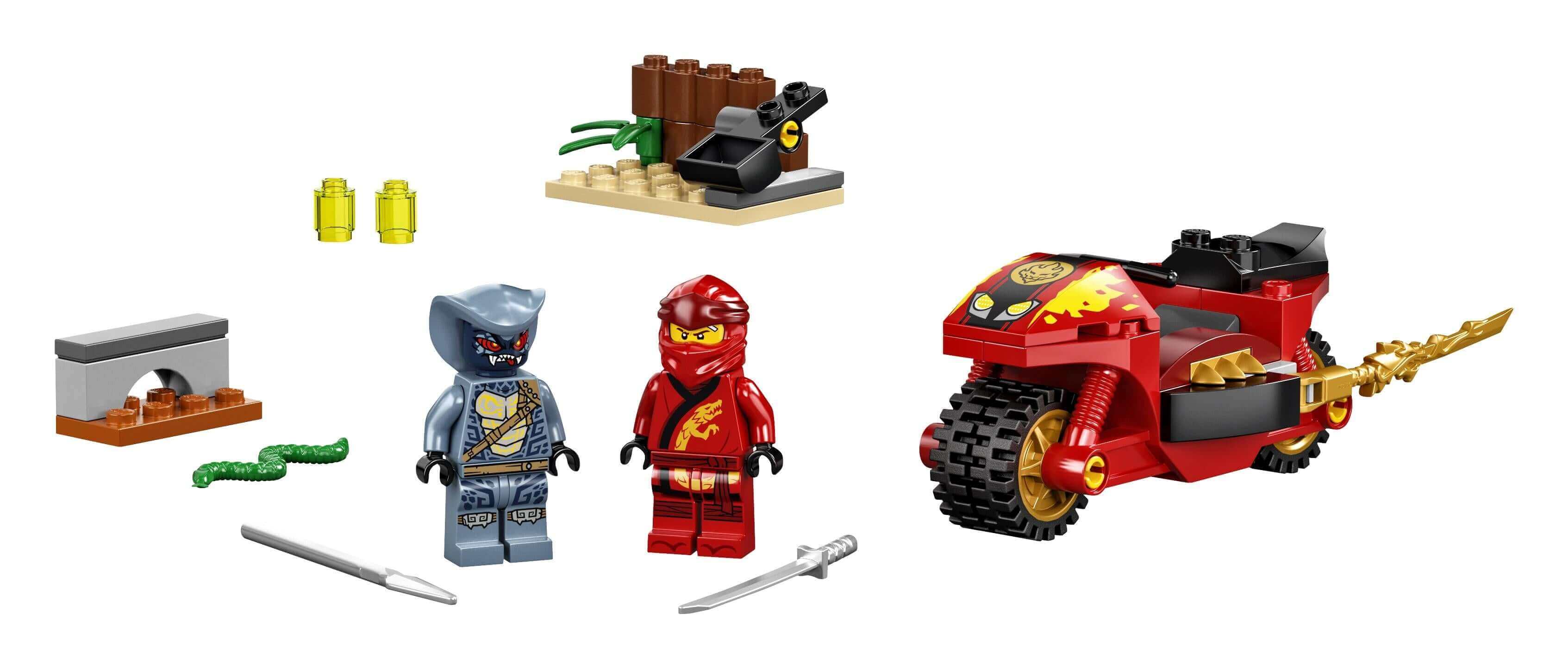 LEGO NINJAGO Legacy Kai's Blade Cycle Set 71734 featuring a motorcycle, catapult, and two ninja minifigures.