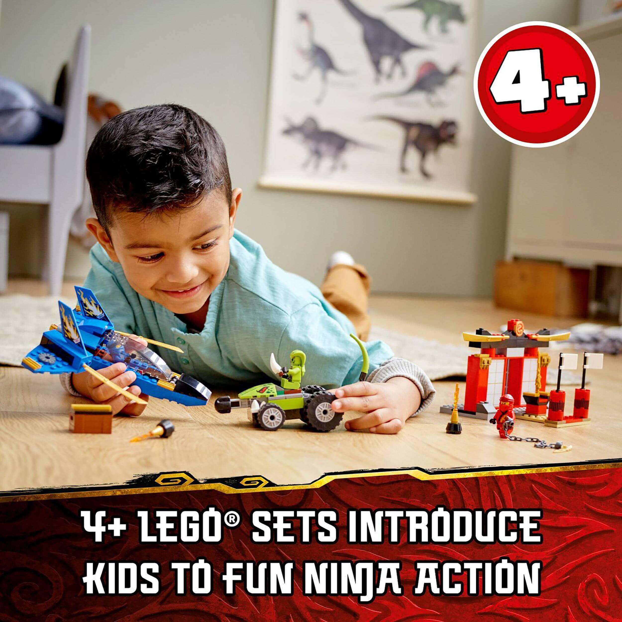 Child playing with LEGO® NINJAGO Legacy sets, engaging in ninja action with Storm Fighter and other builds.