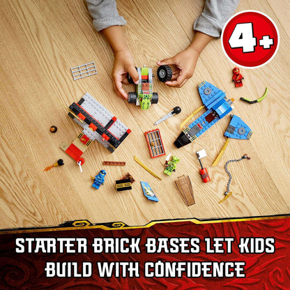 Kids building LEGO NINJAGO Legacy Storm Fighter Battle Toy with starter brick bases, promoting creativity and confidence.