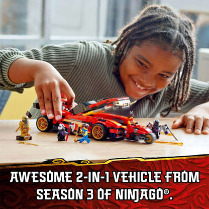 Child enjoying LEGO® NINJAGO Legacy X-1 Ninja Charger Set 71737, a fun 2-in-1 vehicle with ninja figures.