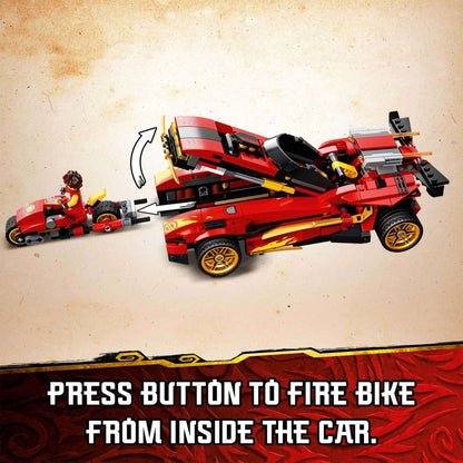 LEGO NINJAGO Legacy X-1 Ninja Charger Set 71737 showcasing bike launching from car with fun play feature.