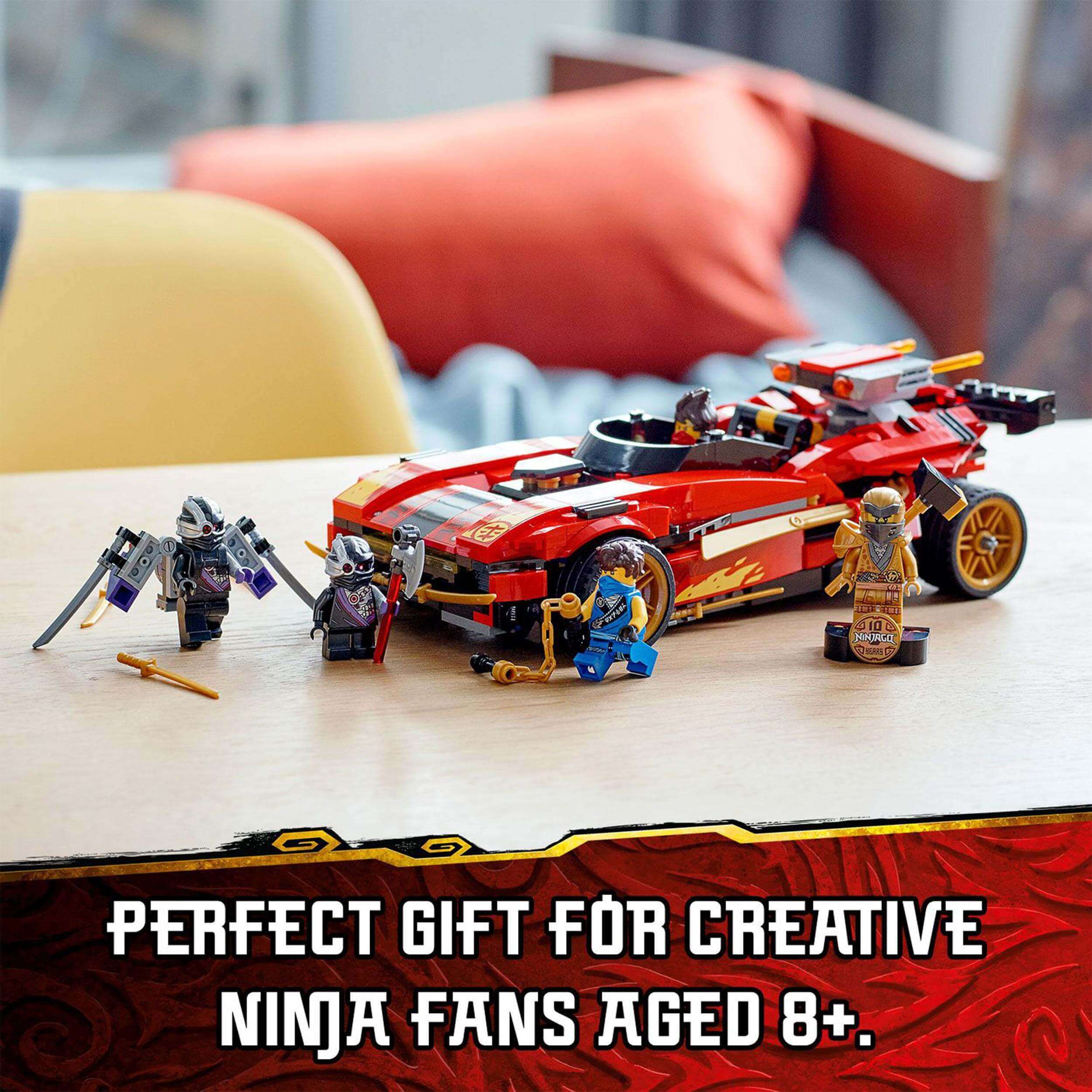 LEGO NINJAGO Legacy X-1 Ninja Charger Set 71737 with ninja figures on display, perfect for kids aged 8 and up.